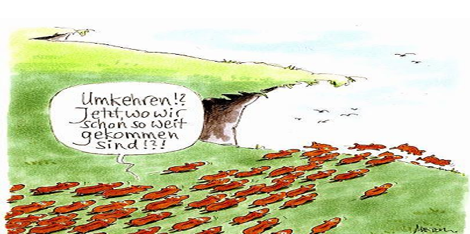 Karikatur: Viele rote Tiere vor einer Höhle, Sprechblase mit Text.